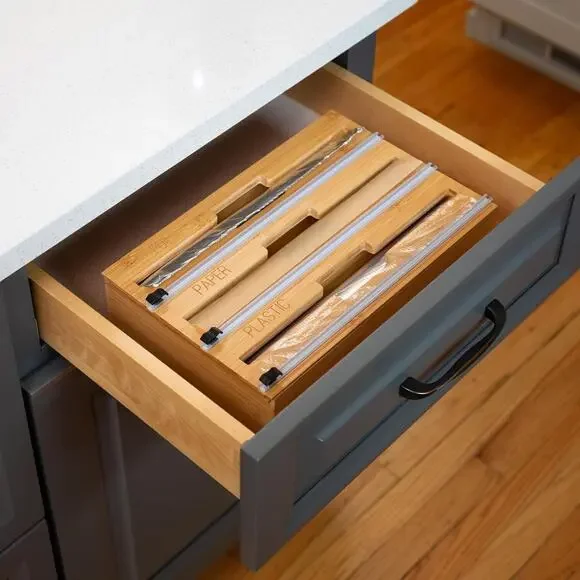 Honey Can Do 3-In-1 Bamboo Food Wrap Organizer With Safety Cutter | Plastic, Wax - Picture 3 of 4